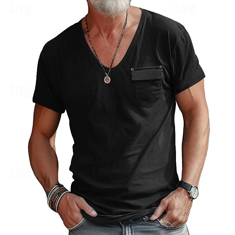 Men's T Shirt Tee Short Sleeve Shirt Tee Top Short Sleeve V Neck Spring & Summer Plain Fashion Designer Basic Front Pocket Vacation Street Going out Black White Blue Top Tee for Men 2026 - $21.99 –P7