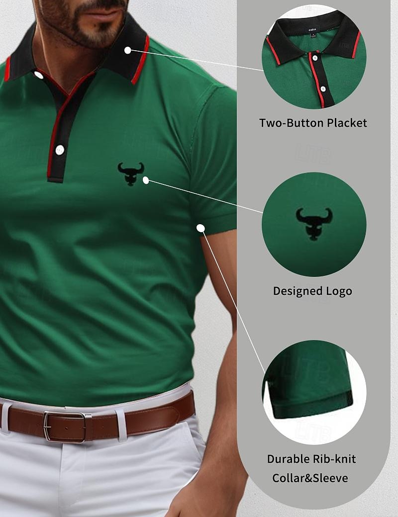 Hombre Camisetas polo Camiseta de golf Casual Deportes Cuello polo acanalado Manga Corta Moda Básico Bloque de color Vaca Retazos Bordado Verano Ajuste regular Amarillo Rojo Azul Piscina Verde Trébol 2026 - $7.99 –P4