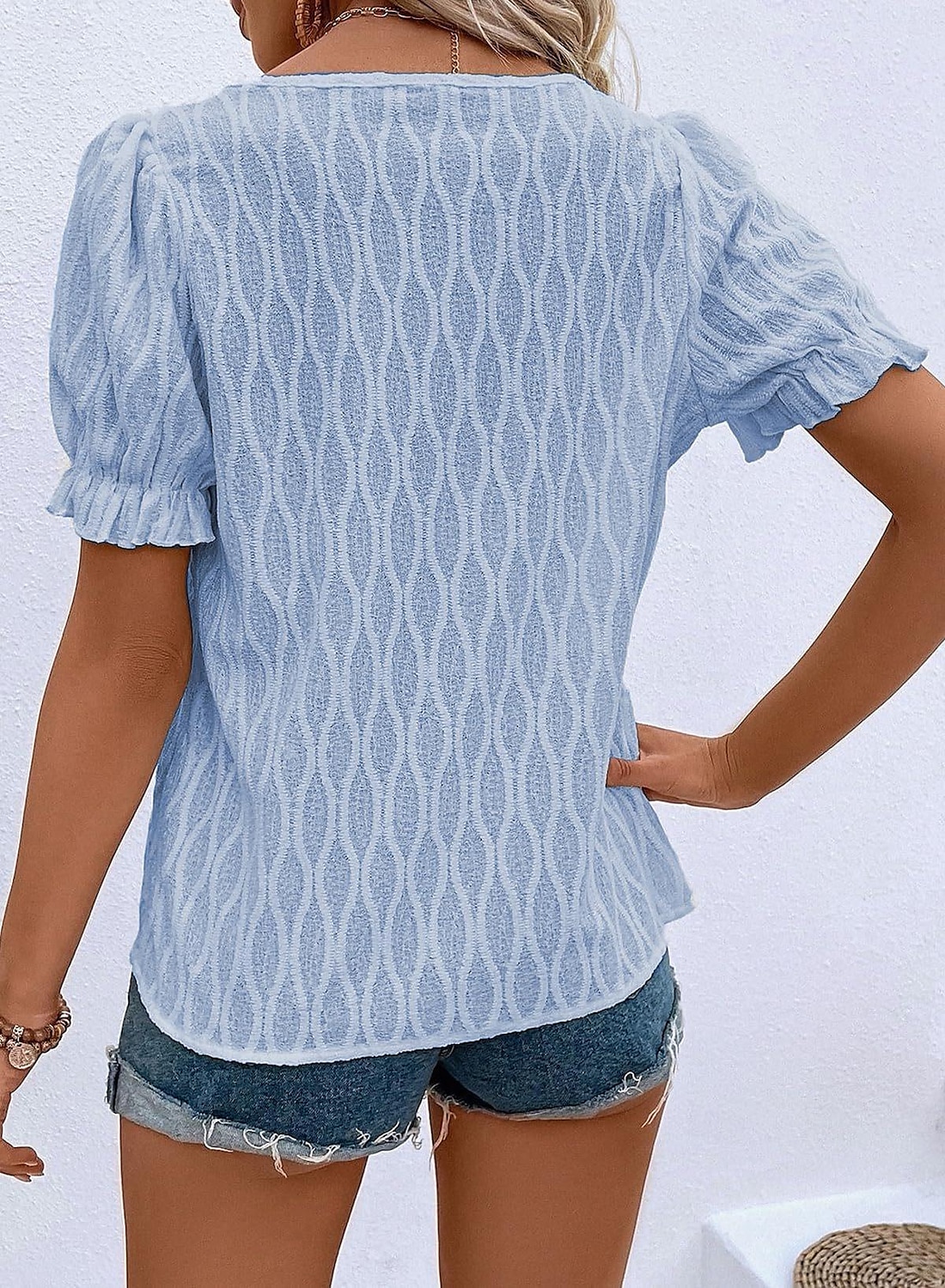 Women's White Elegant Lace Tops Eyelet Blouse Dressy Tops Plain Regular Tops Short Sleeve Puff Sleeve V Neck Lace Regular Fit Vacation Daily Romantic Petite Tops Summer Holiday Wear Blue Purple Khaki 2025 - $27.99 –P6