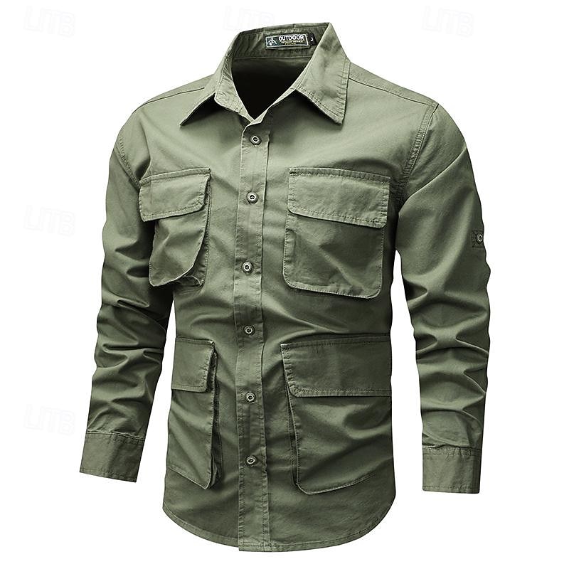 Per uomo Camicia Camicie da lavoro Maglietta informale Camicia con bottoni Camicia da carico Nero Kaki Verde militare Manica lunga Liscio Collo ripiegabile Da mare Per eventi Tasca frontale del 2026 a $54.99 –P6