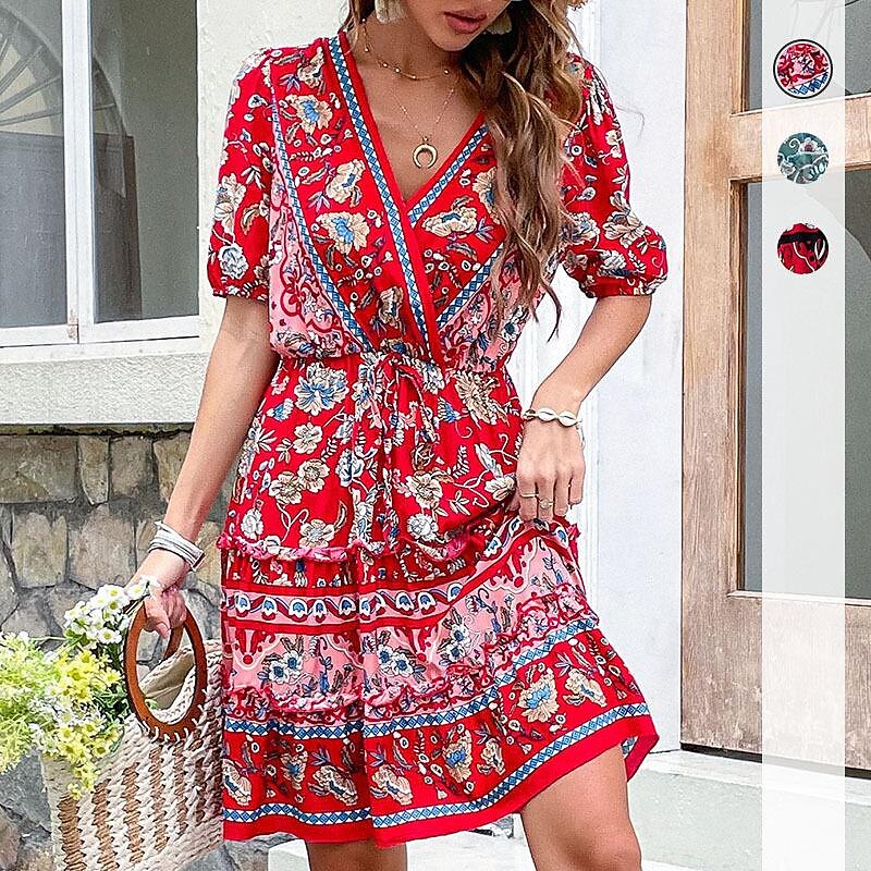 Femme Mini robe Robe casual Robe Trapèze Robe d'été robe boheme mode Ethnique Décontractées Vacances du quotidien Rendez-vous Standard Floral Manche Courte Col V Noir Rouge Bordeaux Vert Eté de 2025 ? $27.99 –P1