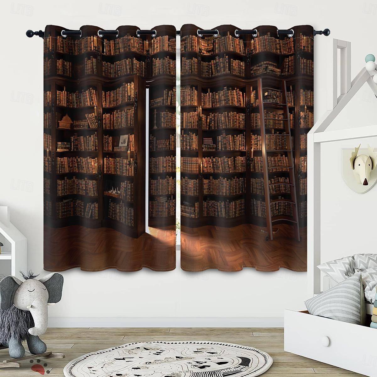 Vintage Bücherregal Verdunkelungsvorhänge Türisolierung Außenbalkon Rest Wohnzimmer Wohndekoration 2-teiliges Set mit 3D-Digitaldruck perforiert 2026 - $41.99 –P10