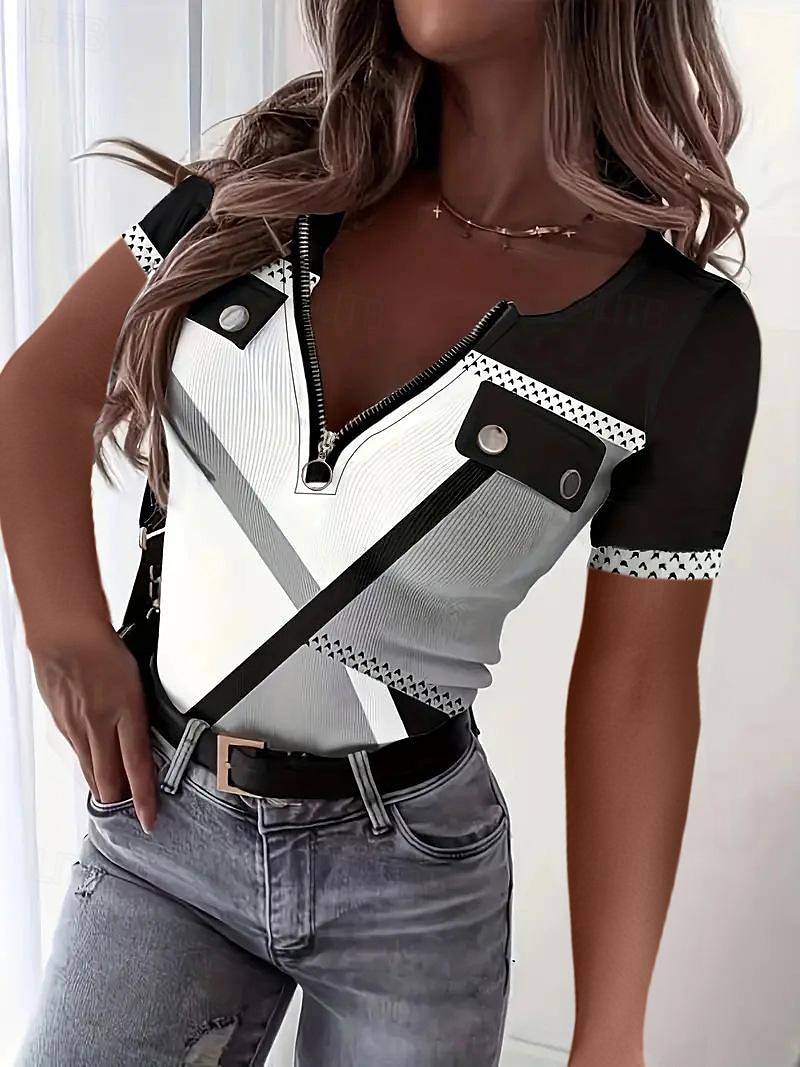 Women's T Shirt Color Block Fashion Short Sleeve V Neck Regular Tops Daily Weekend Print Quarter Zip Black Summer 2025 - $38.99 –P3