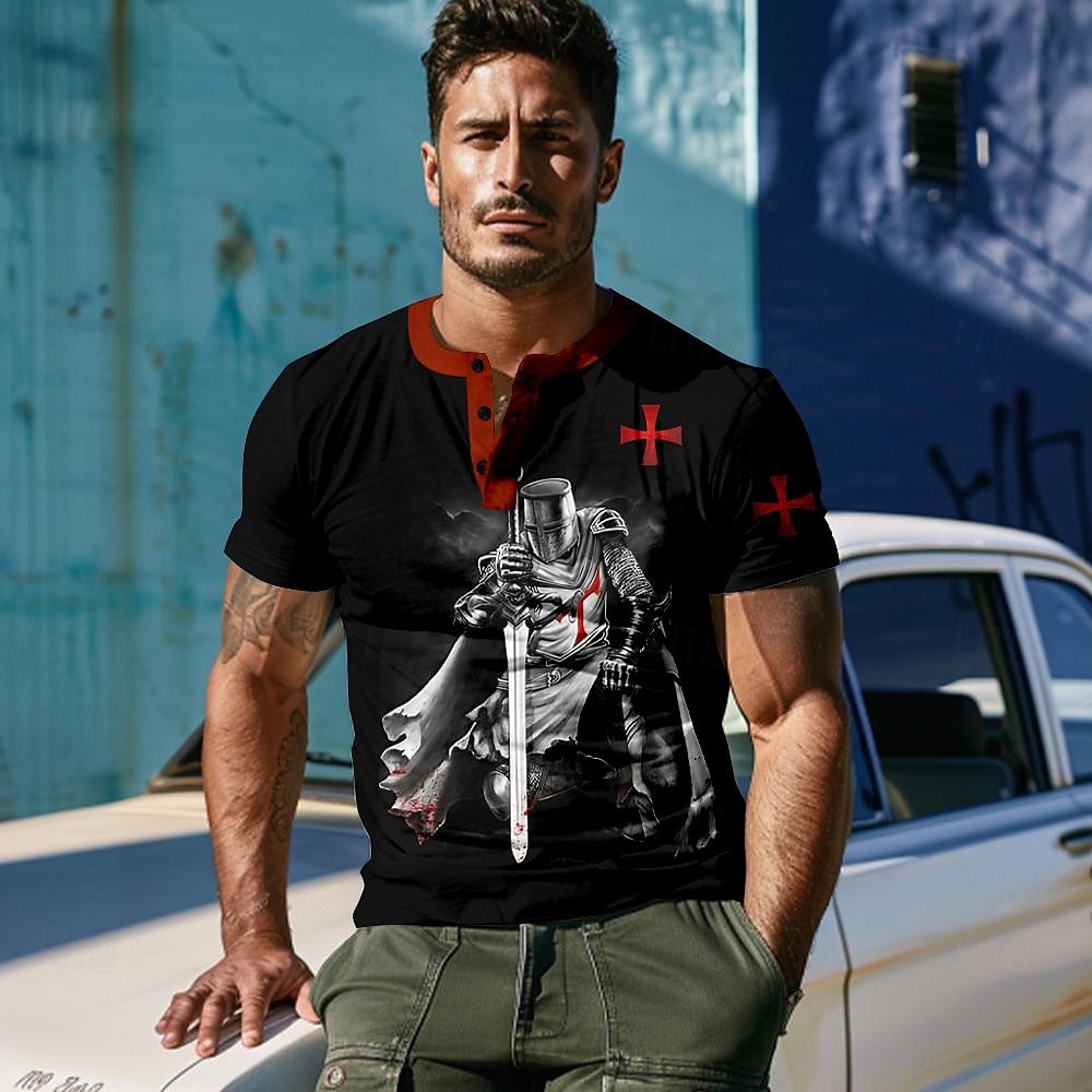 Per uomo Pop art Croce Templare Cavalieri Templari maglietta Camicia Henley Manica corta Stampa 3D Originale Retrò vintage Strada Informale Giornaliero Estate Primavera Nero Henley Maglietta Henley del 2025 a $21.99 –P1