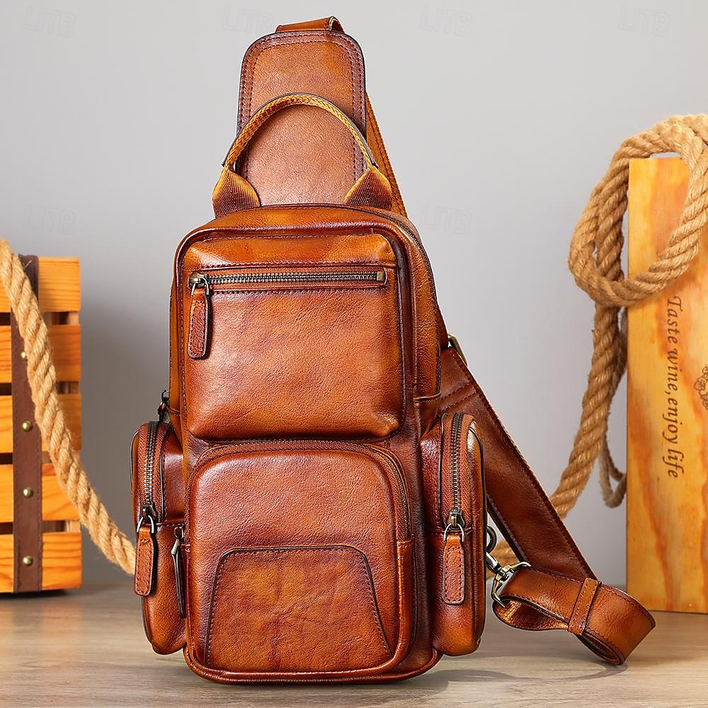 Borsa a tracolla vintage in pelle da uomo con multitasche – borsa a tracolla casual da viaggio per lavoro, escursionismo o uso quotidiano del 2025 a $159.99 –P1