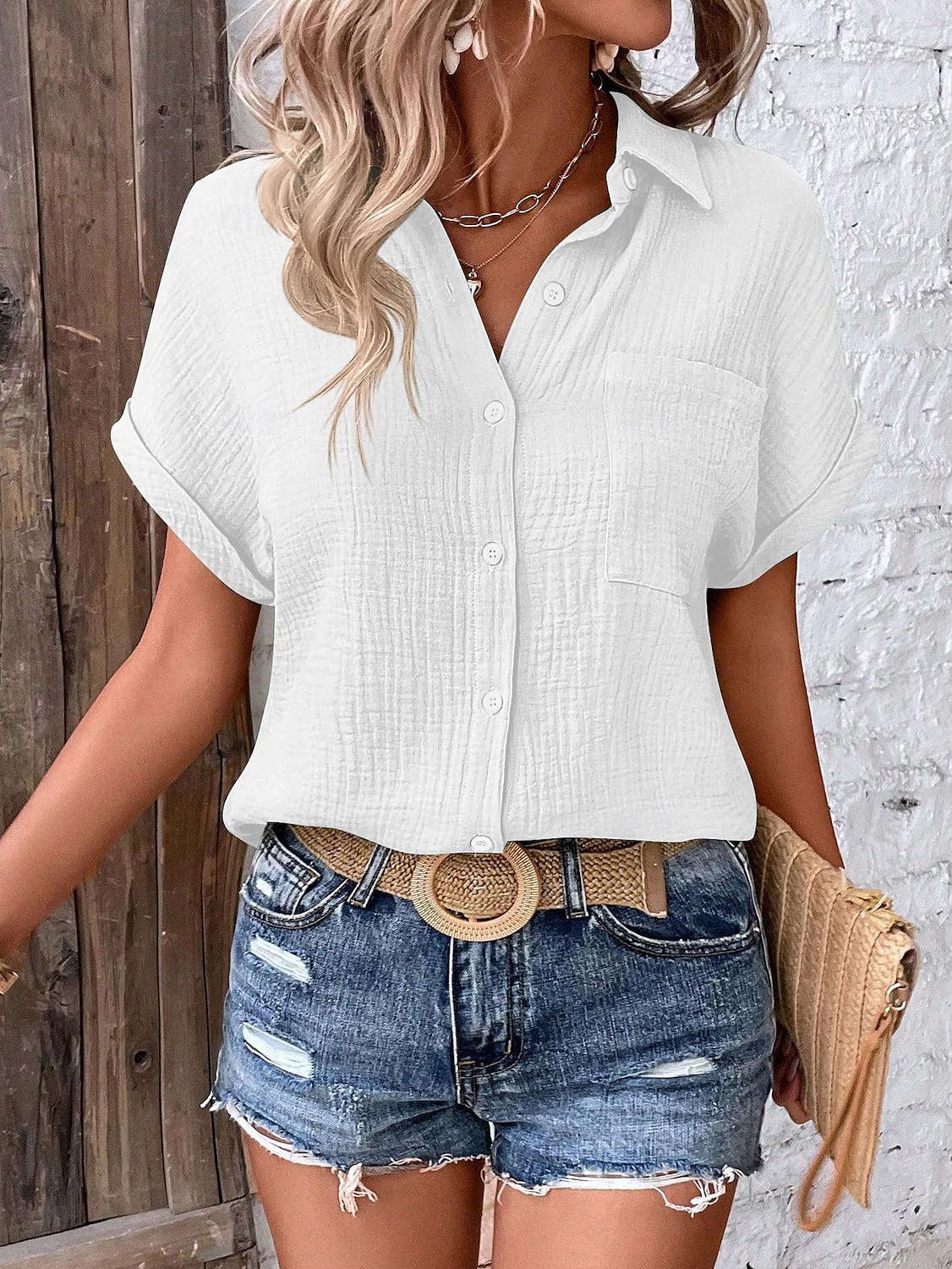 Women's Blouse V-Neck Button-Up Textured Pattern Casual Short Sleeve Summer Top Faded Blue Regular Fit Lightweight Breathable 2025 - $34.99 –P6