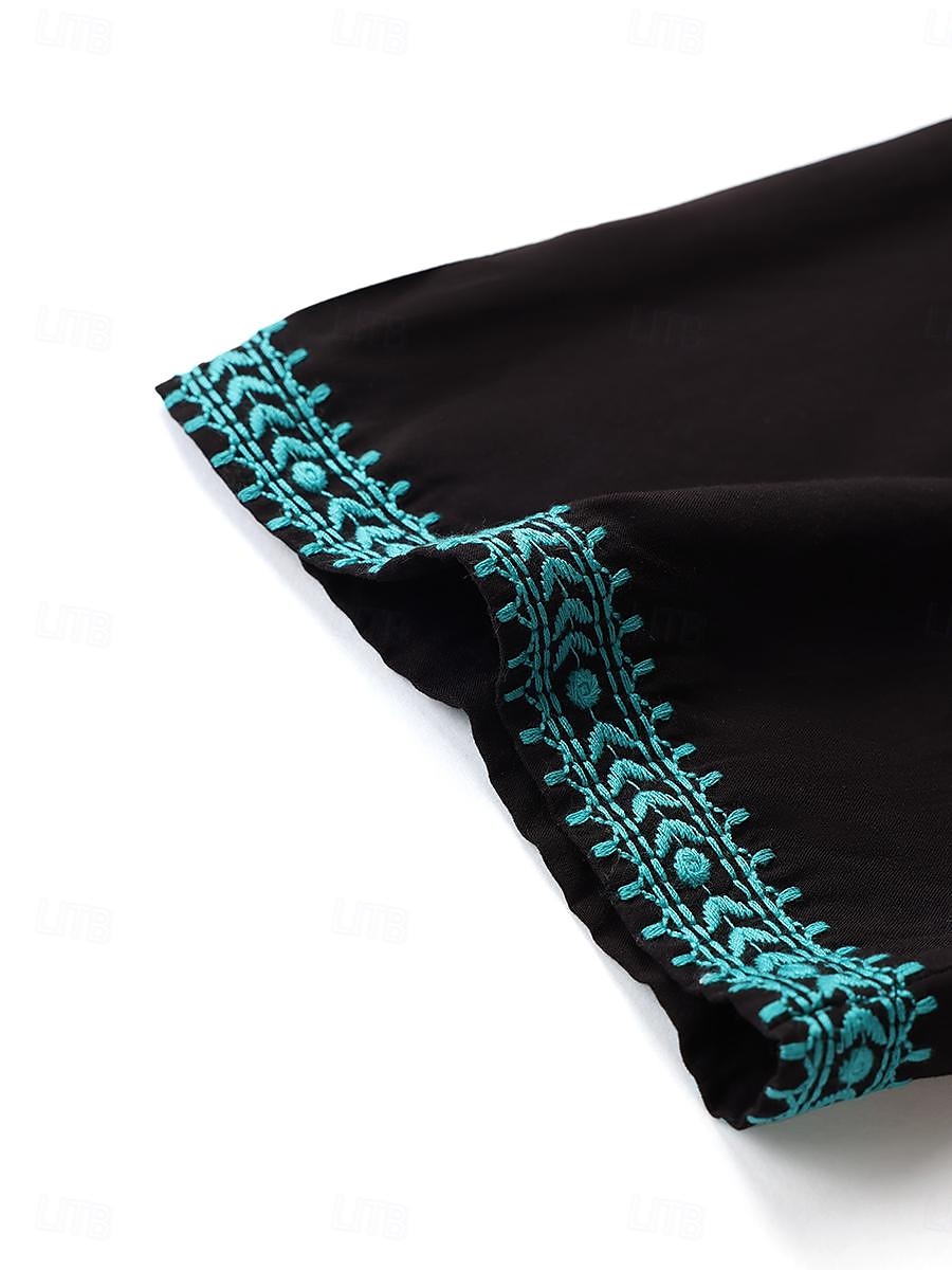 kvinners etnisk brodert tunika topp svart med turkis blomsterbroderi 3/4-ermet hakk i halsen dekorativ knapp foran casual til sosialt slitasje lett avslappet passform multi-size 2025 - $36.99 –P7