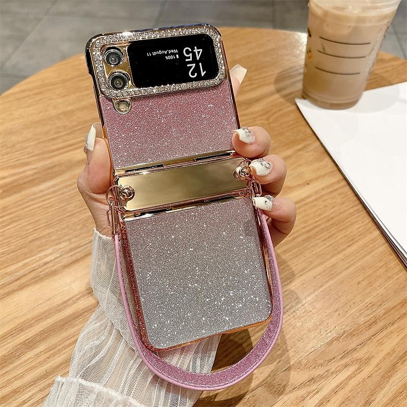 2025年 電話 ケース 用途 サムスンのギャラクシー Zフリップ6 Z Flip 5 Z Flip 4 Z Flip 3 バックカバー リストストラップ付き ブリンブリングリッターシャイニー 耐衝撃 仕上げ PC メタル コレクション – $30.99 –P8