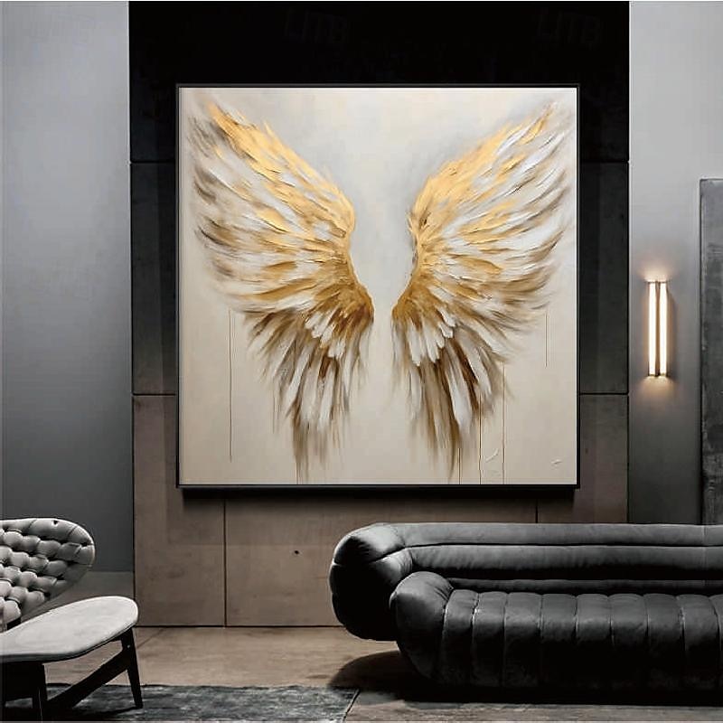 peinture d'aile d'or 100% faite à la main or et blanc ailes d'ange peinture à l'huile peinture de plume texturée à la main acrylique peinture à l'huile abstraite décoration murale salon œuvre d'art de 2025 ? $92.99 –P6