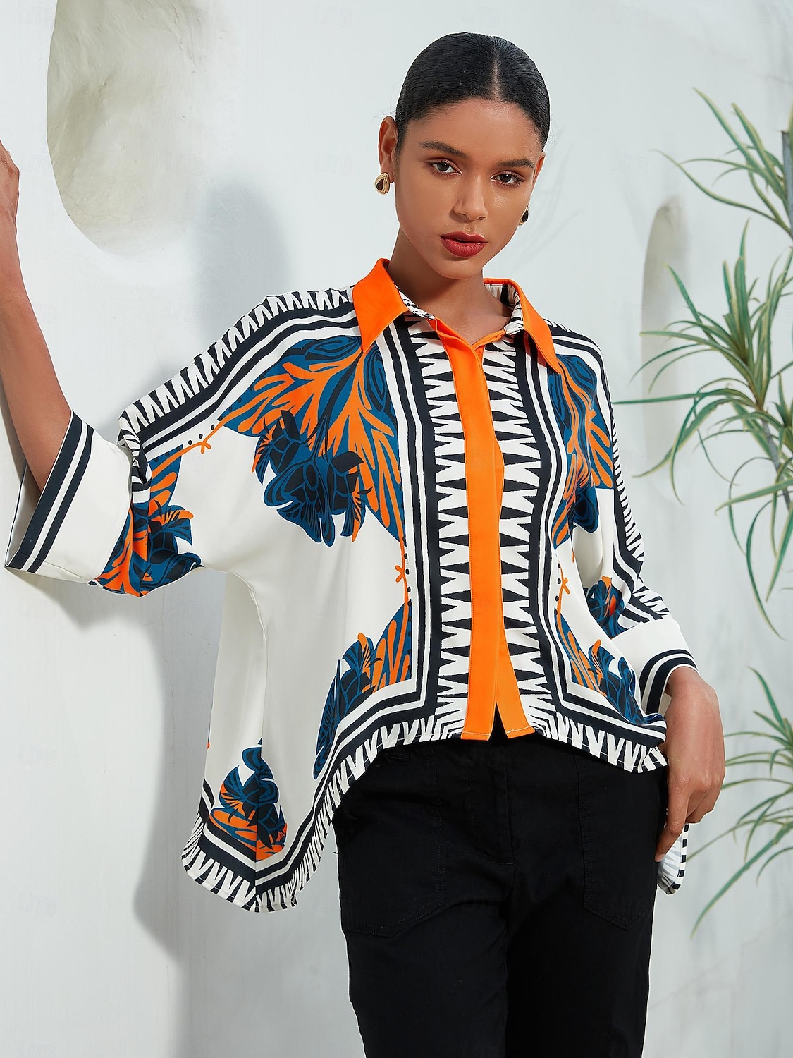Dames Satijnen zijden overhemd Plaid / Gestreept / Chevron Bloem / Planten Alledaagse kleding Magyaarse mouw Zwart Kleurenblok Opdrukken meetkundig 3/4-Lengte Mouw Modern eigentijds Overhemdkraag 2025 - GBP £65 –P6