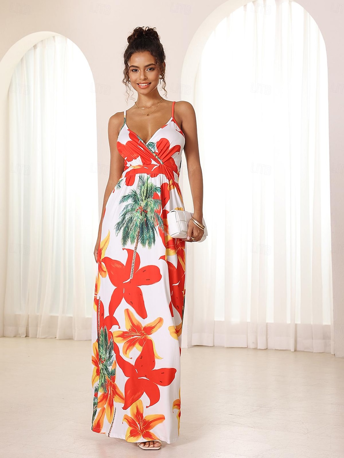 Damen Maxidress A Linie Kleid Boho Party Lockere Passform Blumen Ärmellos V Ausschnitt Orange Sommer 2025 - $41.99 –P4