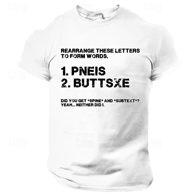 Le T-shirt des hommes Réorganisez ces lettres pour former des mots T-shirt graphique à 100 % coton à manches courtes T-shirt graphique noir blanc vin confortable mode de vêtements de 2025 ? $15.99 –P4