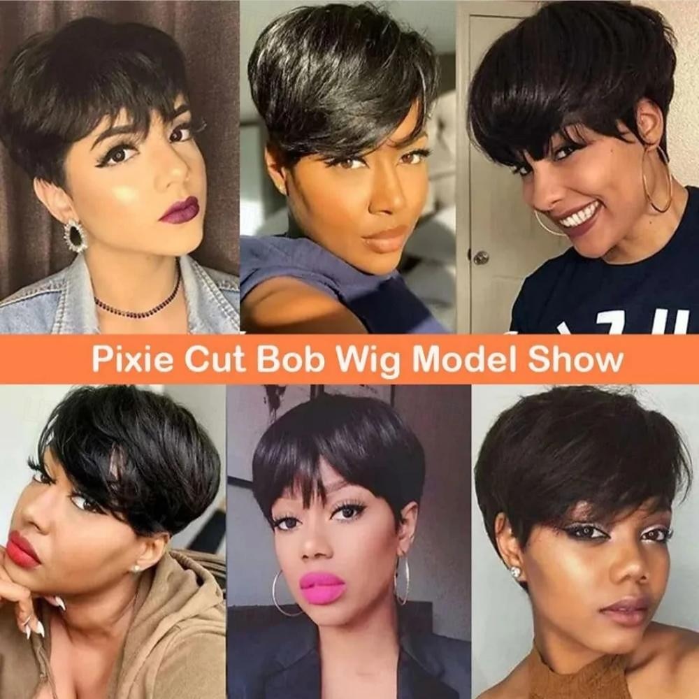 korte bob pruik menselijk haar korte pixie-cut pruiken voor zwarte vrouwen 100% menselijk haar geen kanten voorkant pruiken natuurlijk zwart 2026 - $44.99 –P7