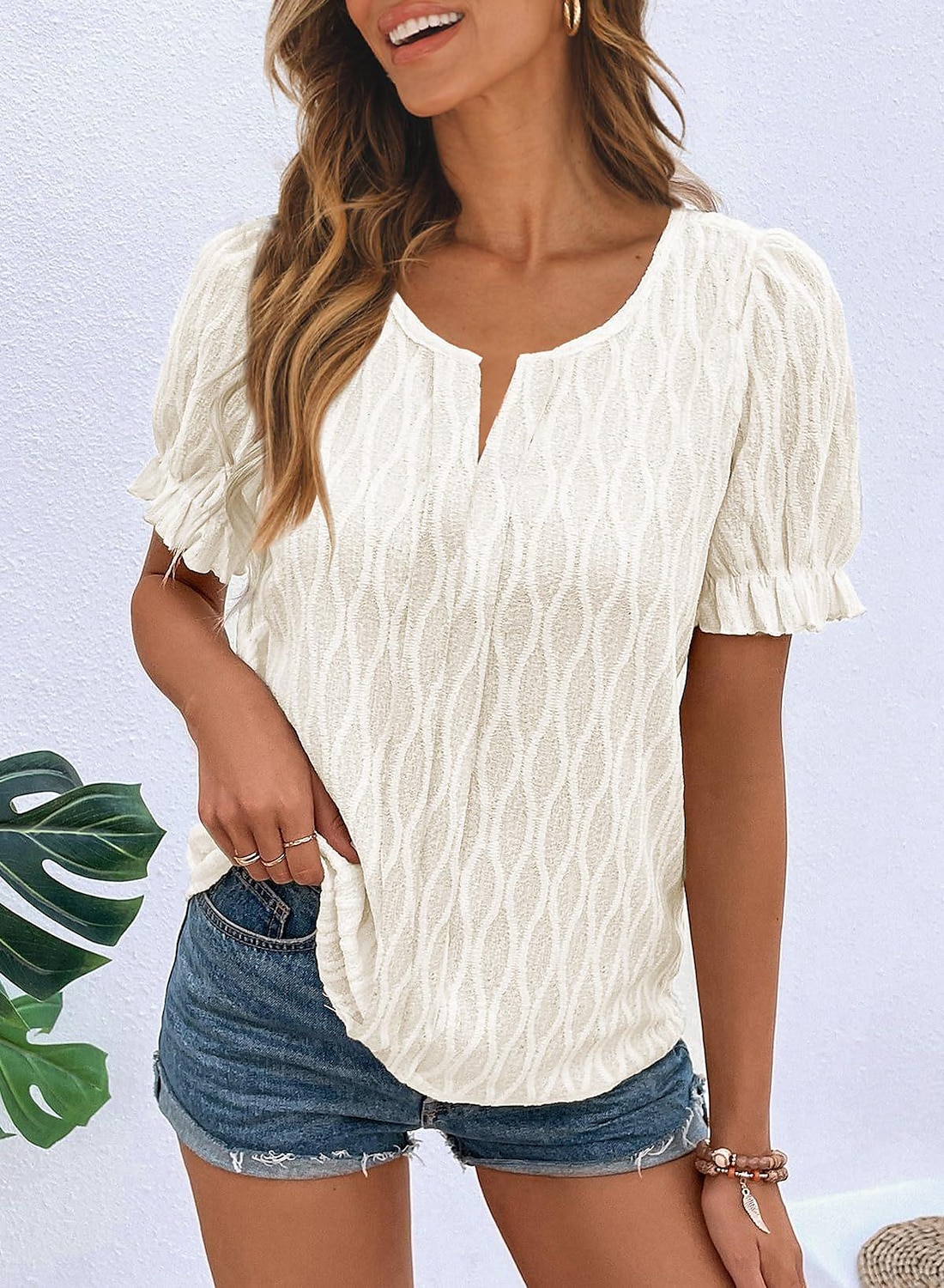Women's White Elegant Lace Tops Eyelet Blouse Dressy Tops Plain Regular Tops Short Sleeve Puff Sleeve V Neck Lace Regular Fit Vacation Daily Romantic Petite Tops Summer Holiday Wear Blue Purple Khaki 2025 - $27.99 –P2