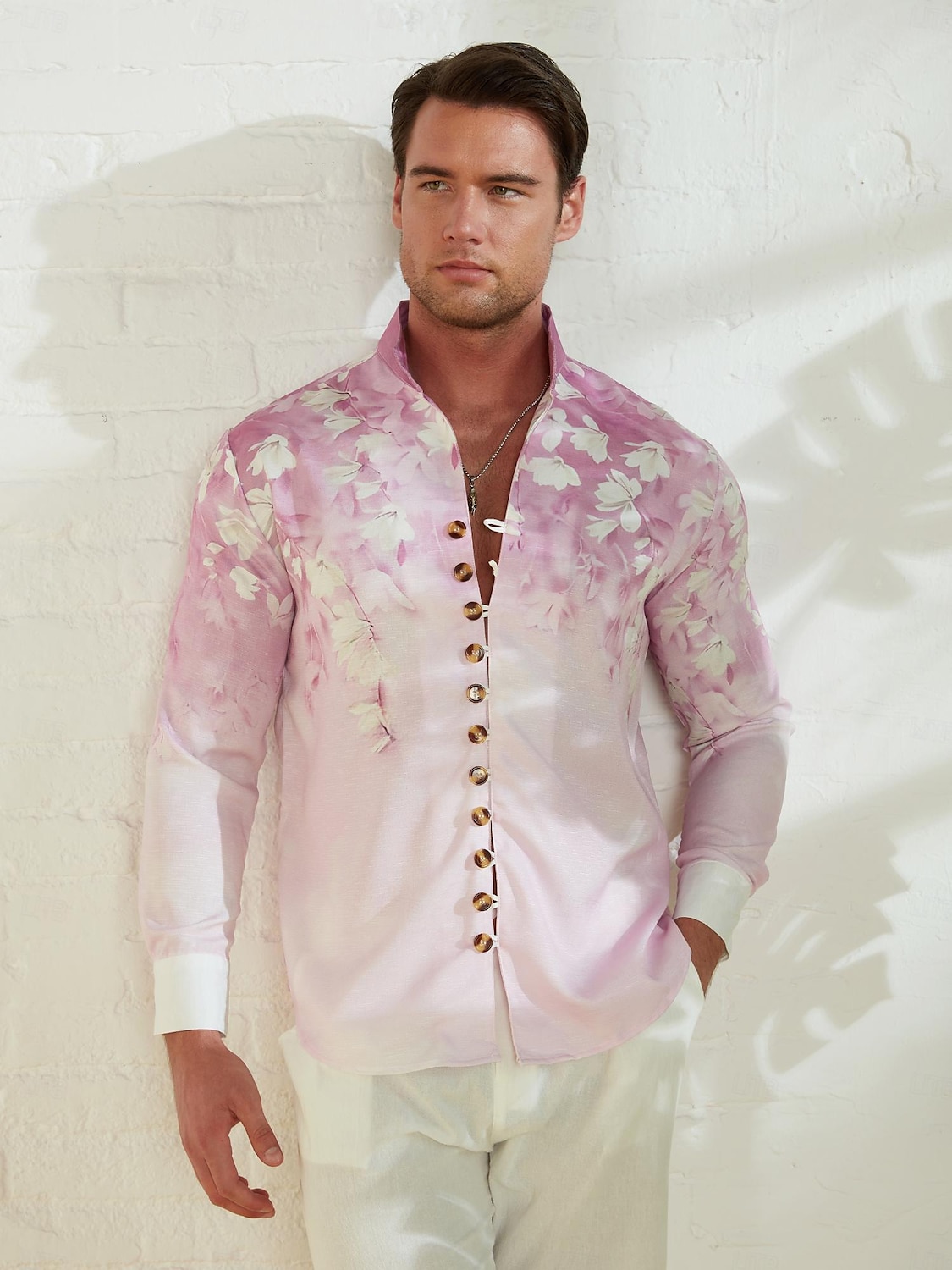 Herren Blumen Hemd leinenhemd Aloha-Shirt Langarm Brautkleider schlicht Freizeitskleidung Ausgehen Wochenende Frühling Stehkragen Bedruckt Button-Down Blau Purpur Grün 2025 - $25.99 –P3