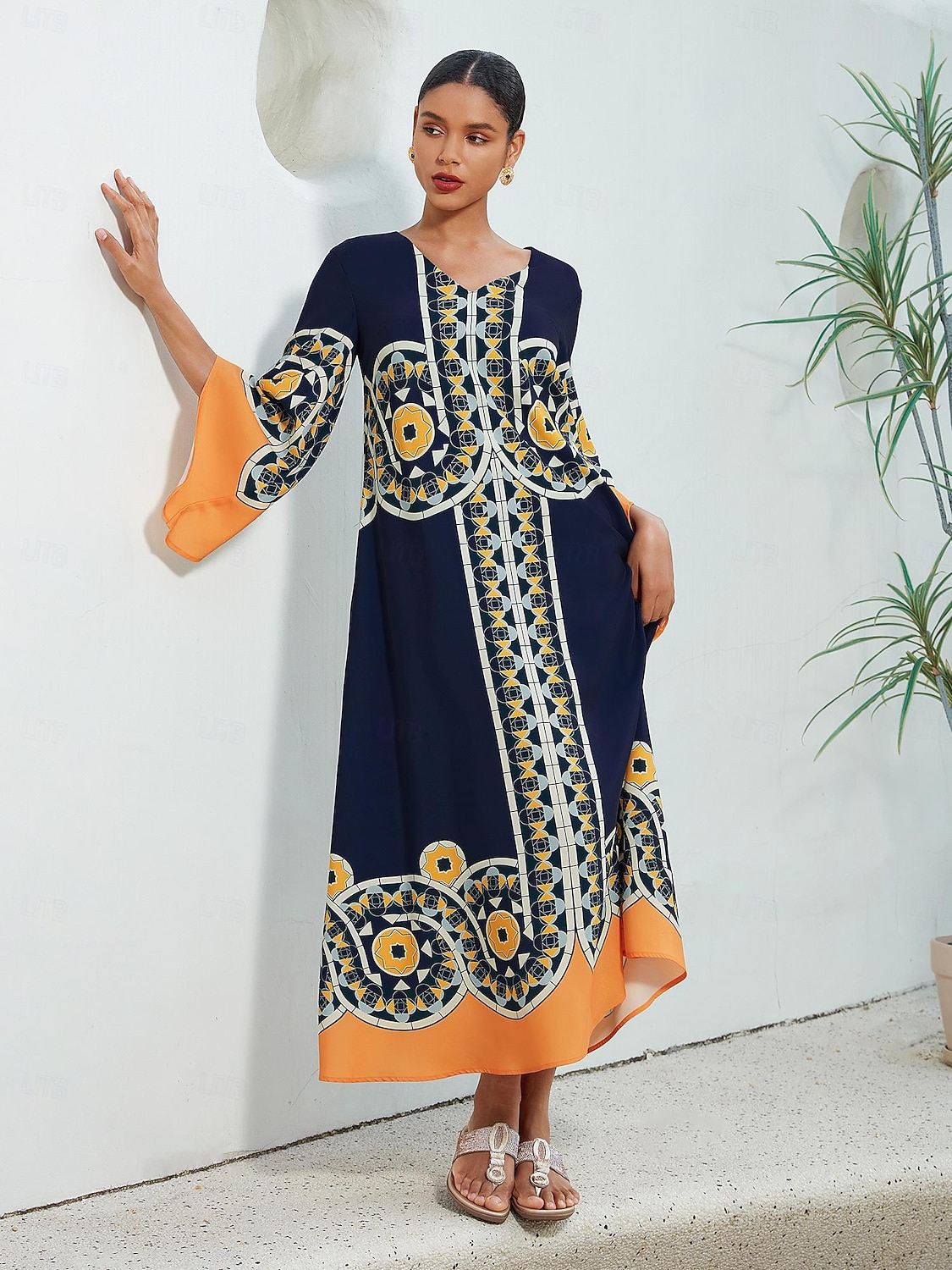 Dame Resort Wear Maxikjole Navyblå 3/4 ermer Folk Printer Vår sommer V-hals Fritid Strandferie XS S M 2025 - $124.99 –P1