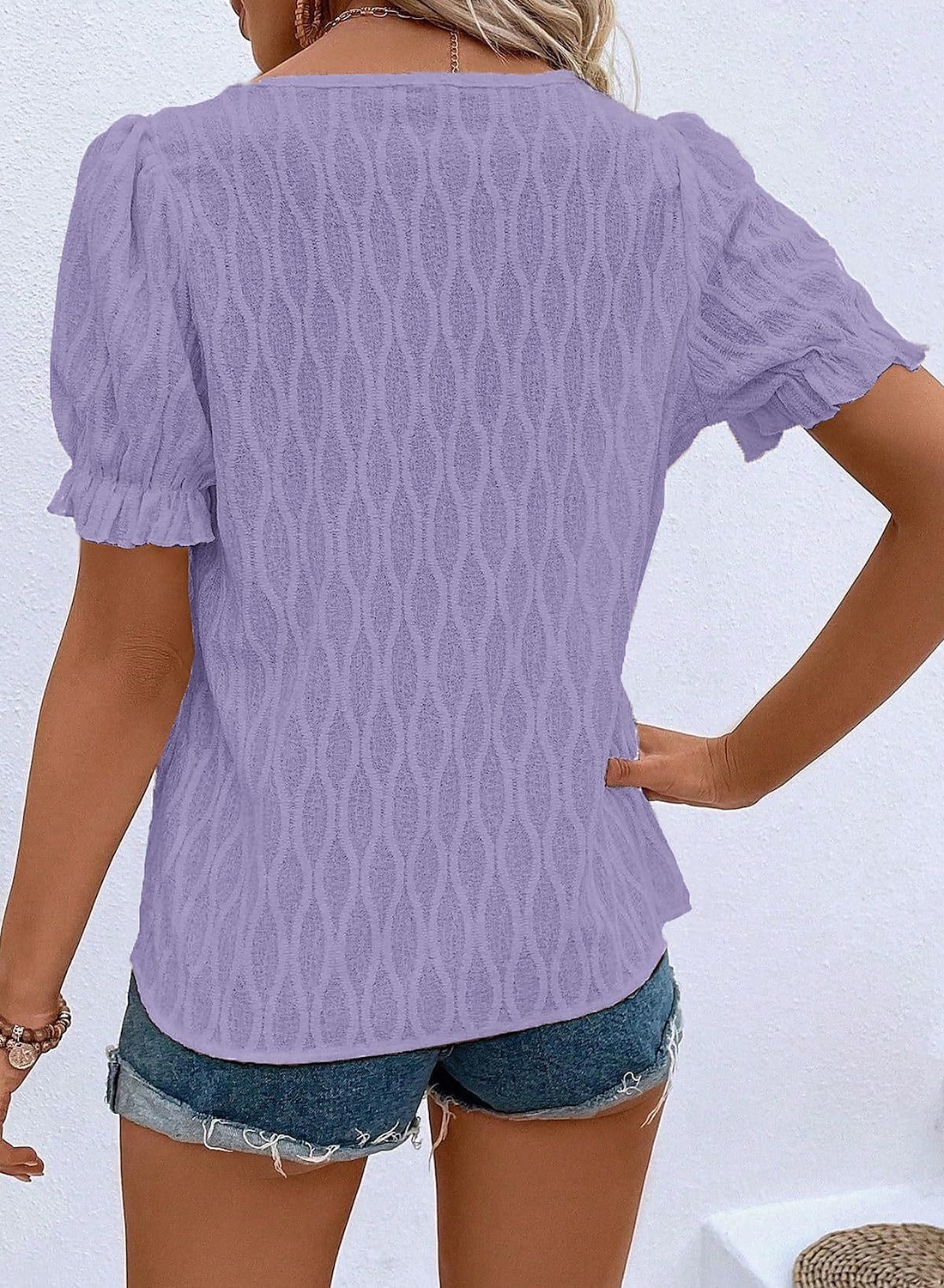 Women's White Elegant Lace Tops Eyelet Blouse Dressy Tops Plain Regular Tops Short Sleeve Puff Sleeve V Neck Lace Regular Fit Vacation Daily Romantic Petite Tops Summer Holiday Wear Blue Purple Khaki 2025 - $27.99 –P8