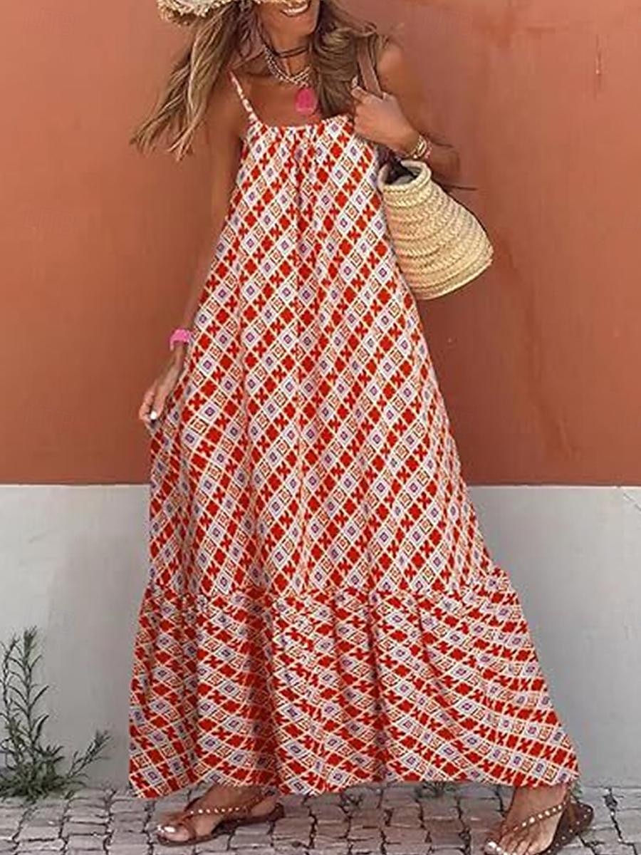 damska sukienka na co dzień sukienka typu swing sukienka typu slip geometryczna krata z odkrytymi plecami nadruk na ramiączkach długa sukienka maxi sukienka stylowa na co dzień randka bez rękawów lato 2025 - $35.99 –P4