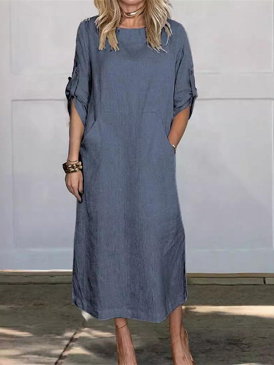 Damen Schwarz Weiß Rote Sommer Frühling Maxikleid Weißes Kleid Baumwoll-Leinen-Kleider Shiftkleid Basic Modern Täglich Wochenende Lässiger Schnitt Einfach Rundhalsausschnitt 2025 - $36.99 –P3