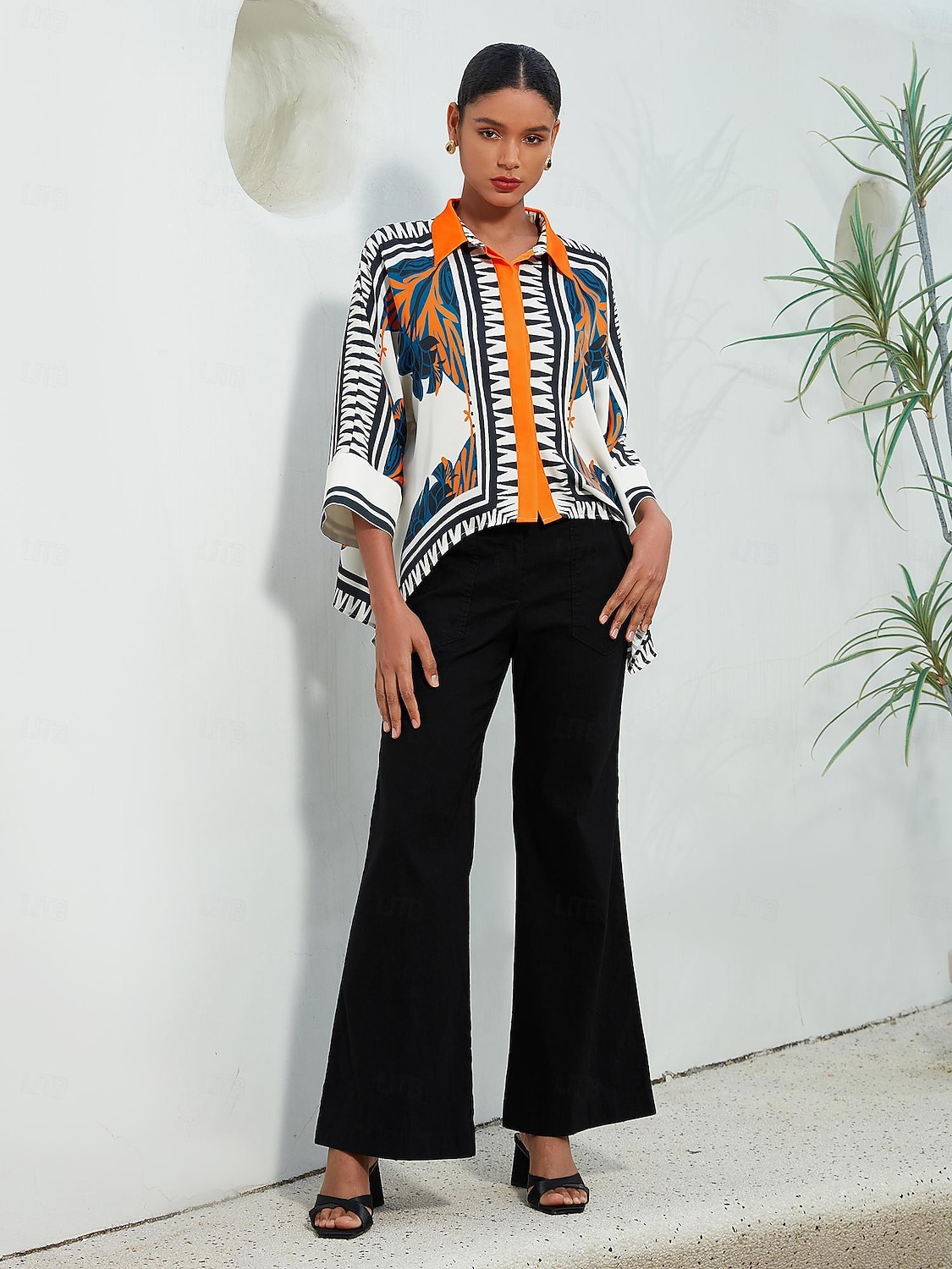 Dames Satijnen zijden overhemd Plaid / Gestreept / Chevron Bloem / Planten Alledaagse kleding Magyaarse mouw Zwart Kleurenblok Opdrukken meetkundig 3/4-Lengte Mouw Modern eigentijds Overhemdkraag 2025 - GBP £65 –P4