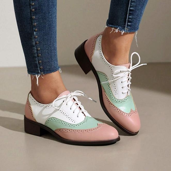 Damen Halbschuhe Retro Bullock Schuhe Täglich Farbblock Schnürsenkel Blockabsatz Runde Zehe Vintage Brautkleider schlicht Wanderschuhe PU Schnürsenkel Schwarzes Gold Schwarz / weiss Rosa 2025 - $59.99 –P16