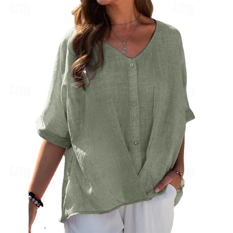 Femmes Chemise Chemisier Chemises en coton et lin Uni Occasionnel Manche Courte Col en V Hauts Réguliers Quotidien Boutons Rose Claire Bleu Violet Vert Kaki Été de 2025 ? $23.99 –P4