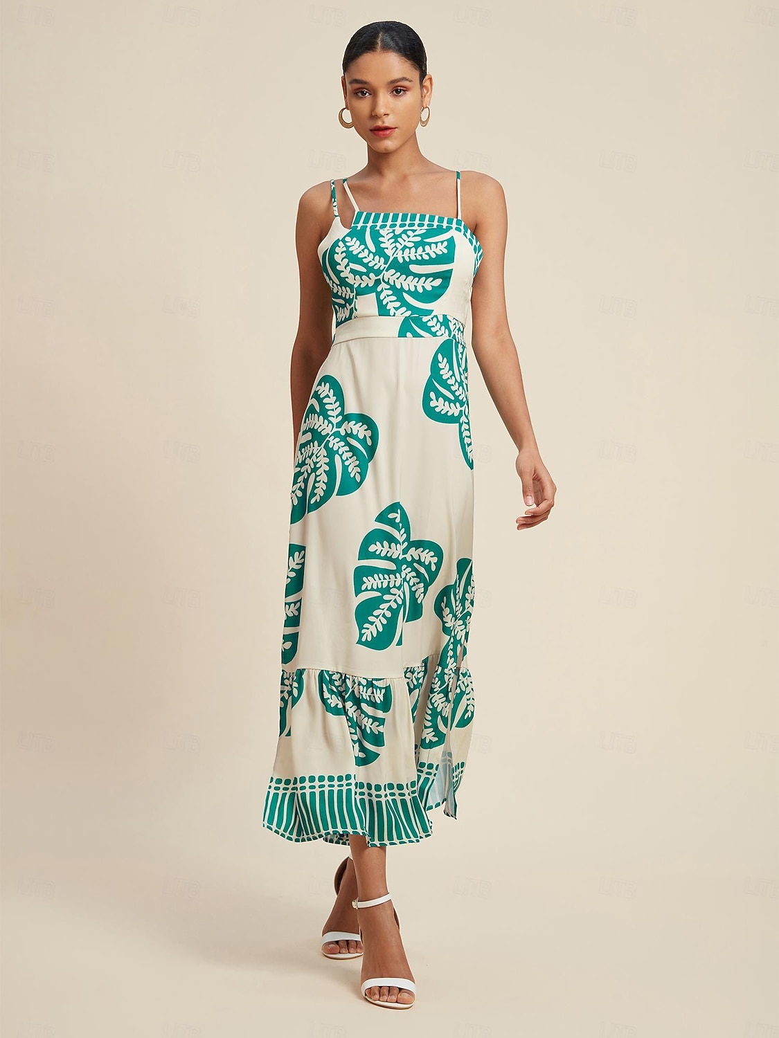 Maxikleid mit One-Shoulder-Träger aus Satin mit Palmenblättern 2025 - $103.99 –P4