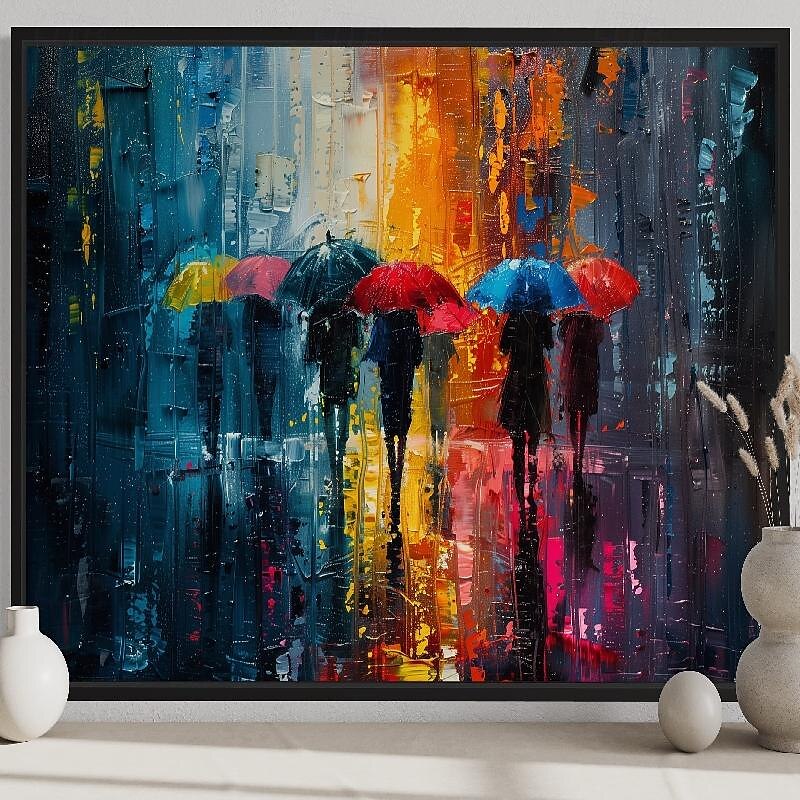 handgemalte Menschen mit Regenschirmen in einer regnerischen Stadt, handgemachte Wandkunst, abstraktes graues Farbspritzer-Gemälde, Leinwandgemälde, modernes Landschaftsgemälde für Wohnzimmerdekor, 2025 - $125.99 –P1