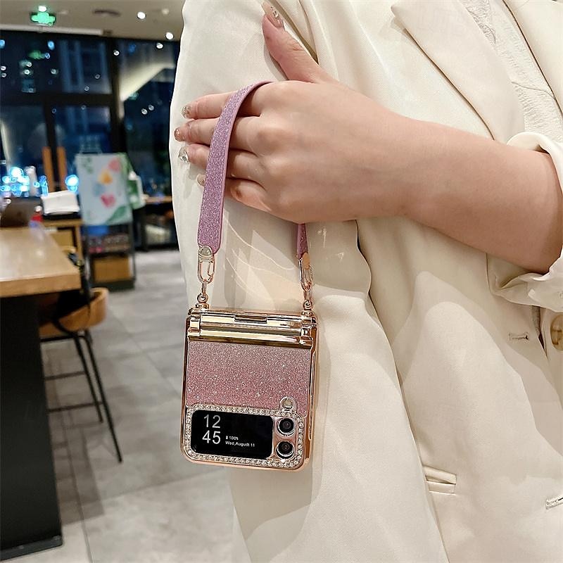 2025年 電話 ケース 用途 サムスンのギャラクシー Zフリップ6 Z Flip 5 Z Flip 4 Z Flip 3 バックカバー リストストラップ付き ブリンブリングリッターシャイニー 耐衝撃 仕上げ PC メタル コレクション – $30.99 –P12