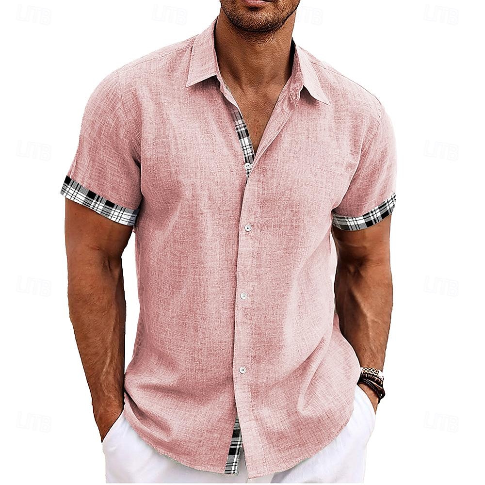 Homme Chemise Lin Chemise de plage Ecossais à Carreaux Extérieur Casual Rose Claire Vert Manche Courte Mao Eté Printemps Vêtement Tenue Imprimer de 2025 ? $26.99 –P4