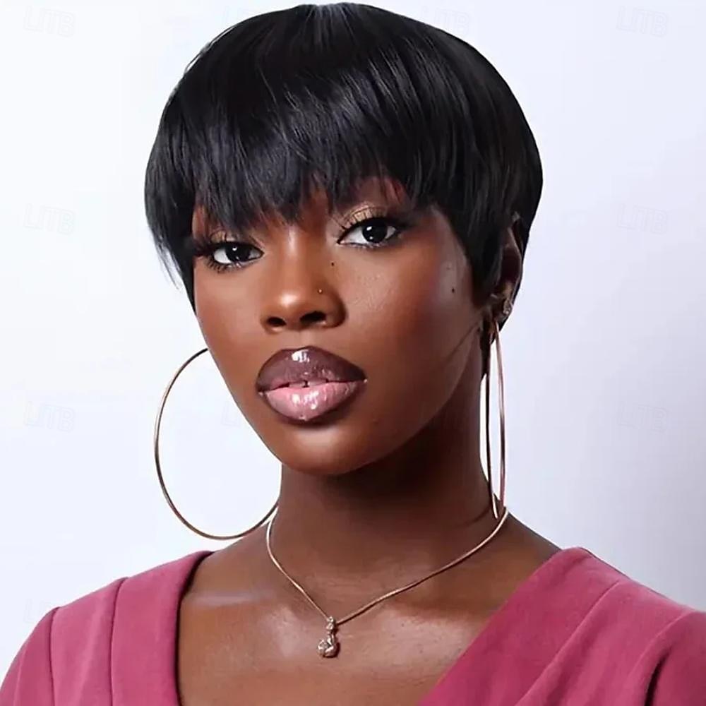Short Black Layered Wavy Wigs for Women 1B Color Human Hair Short Wigs Pixie Cut Wigs with Bangs 2025 - $42.99 –P5