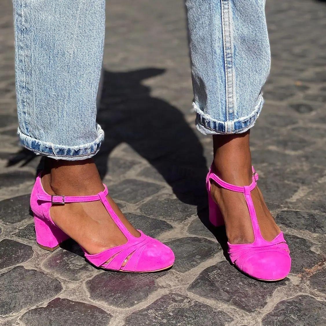 Women's Red Suede T-Strap Heels with Block Heel – Vintage Style, Comfortable Fit for Casual and Evening Wear 2025 - GBP £34 –P3