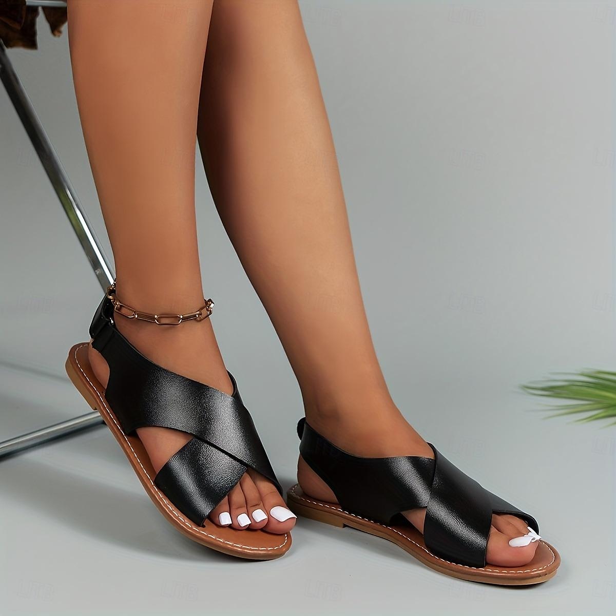 Women's Flat Sandals Boho Sandals Summer Beach Shoes Plus Size Cross Strap Sandals Casual Slingback Summer Sandals Black Brown 2025 - $18.99 –P8