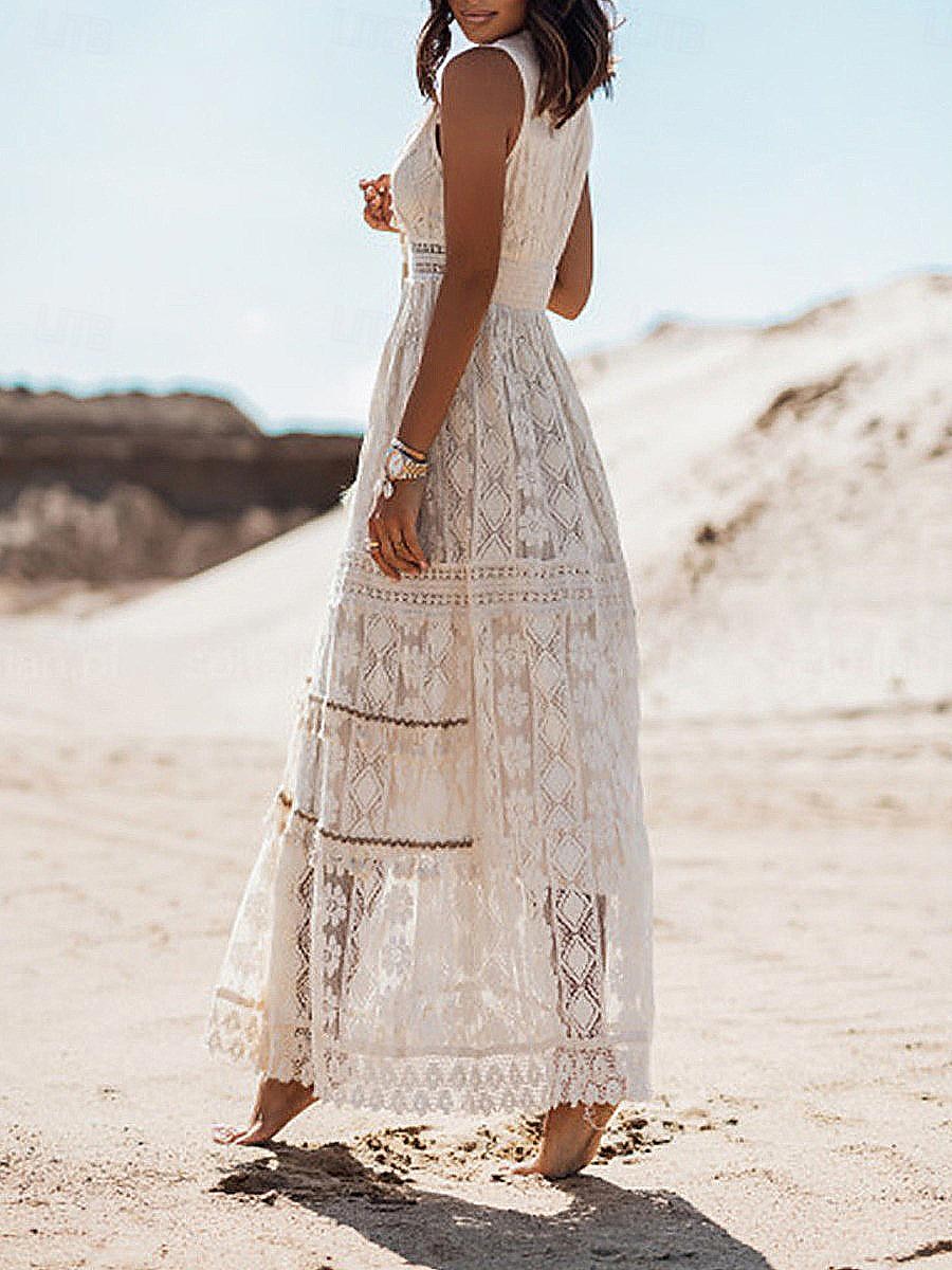 Women's Long Dress Maxi Dress Maxi Dress White Dress Boho Chic Dresses Boho Dress Bohemia Wedding Vacation Date Regular Fit Sleeveless V Neck White Apricot Summer 2025 - $30.99 –P5