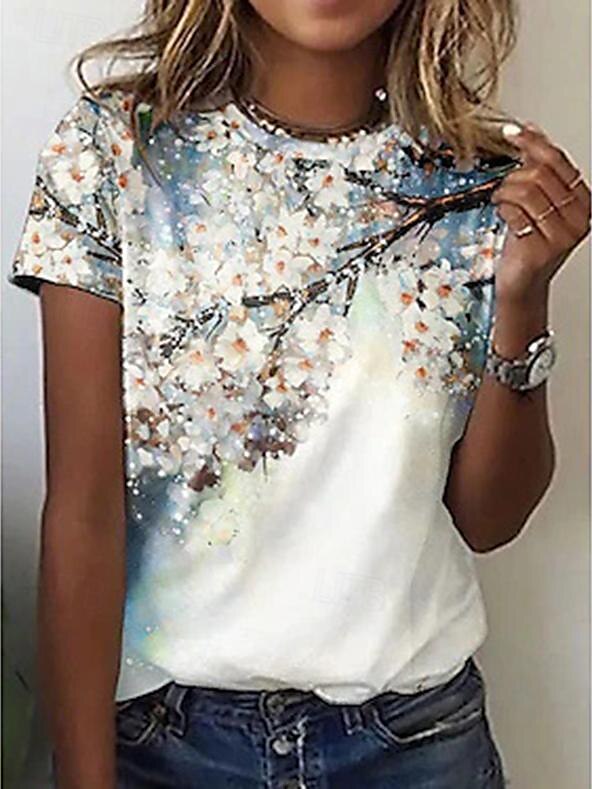 Women's T Shirt Floral Fashion Short Sleeve Round Neck Regular Tops Vacation Weekend Print Pink Blue Gray Light Blue Summer 2025 - $15.99 –P3