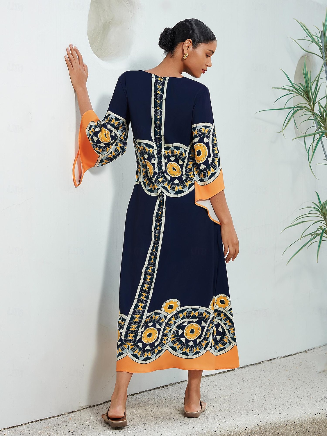Dame Resort Wear Maxikjole Navyblå 3/4 ermer Folk Printer Vår sommer V-hals Fritid Strandferie XS S M 2025 - $124.99 –P2