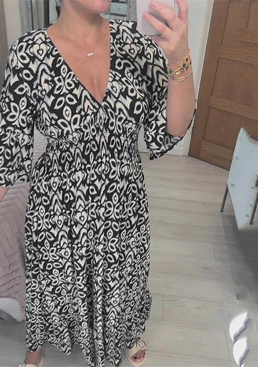 robe décontractée pour femme imprimé floral col en V robe longue robe maxi ethnique décontractée tous les jours vacances manches 3/4 été de 2025 ? $39.99 –P3