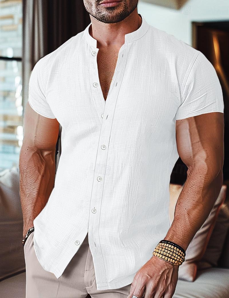 Per uomo Camicia camicia di lino Camicia con colletto a fascia Camicia estiva Abbigliamento mare Camicia hawaiana Tinta unica Strada Giornaliero Nero Bianco Blu Arancione Manica corta A fascia del 2026 a $8.49 –P8