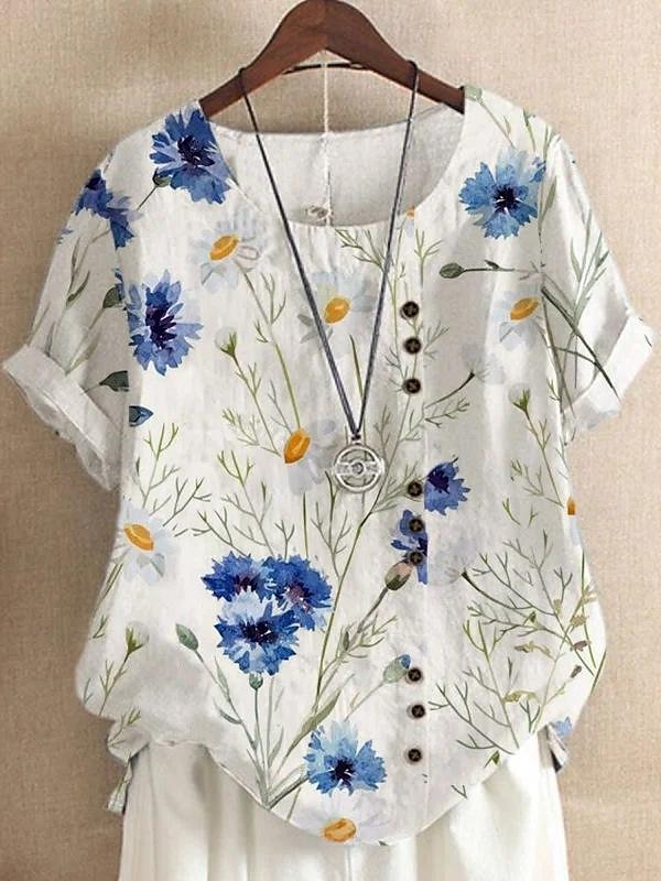 Femmes Chemise Chemises inspirées du lin Chemisier Fleuri Occasionnel Manche Courte Col ras du cou Hauts Réguliers Vacances Quotidien Imprimé Jaune Vert Claire Bleu Roi Bleu Violet Été de 2025 ? $22.99 –P1