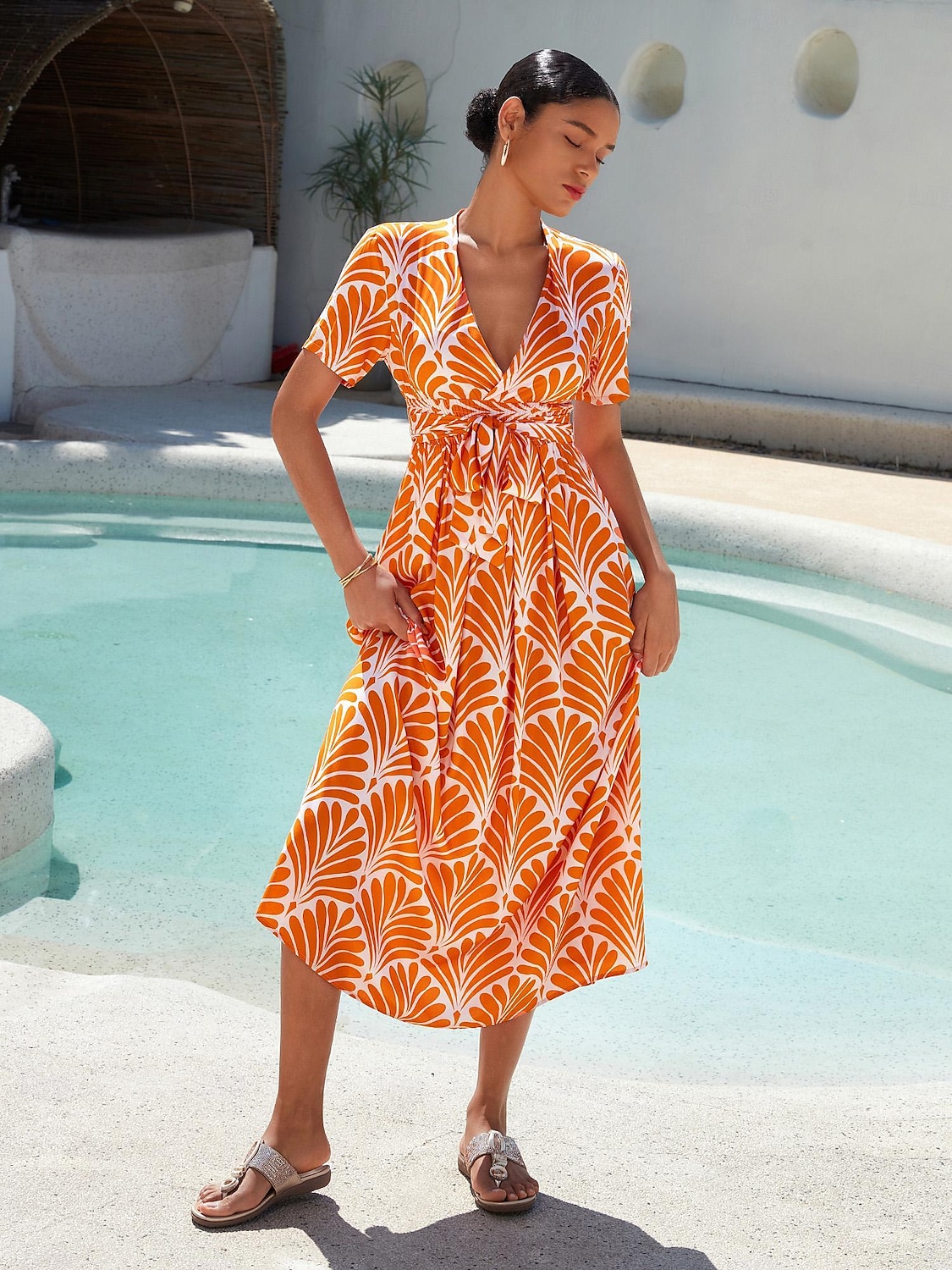 Damen Midi-Kleid Maxikleid Orange Kurzarm Geometrisch Mit Gürtel Frühling & Sommer V Ausschnitt Musterkleid S M L 2025 - $16.69 –P6