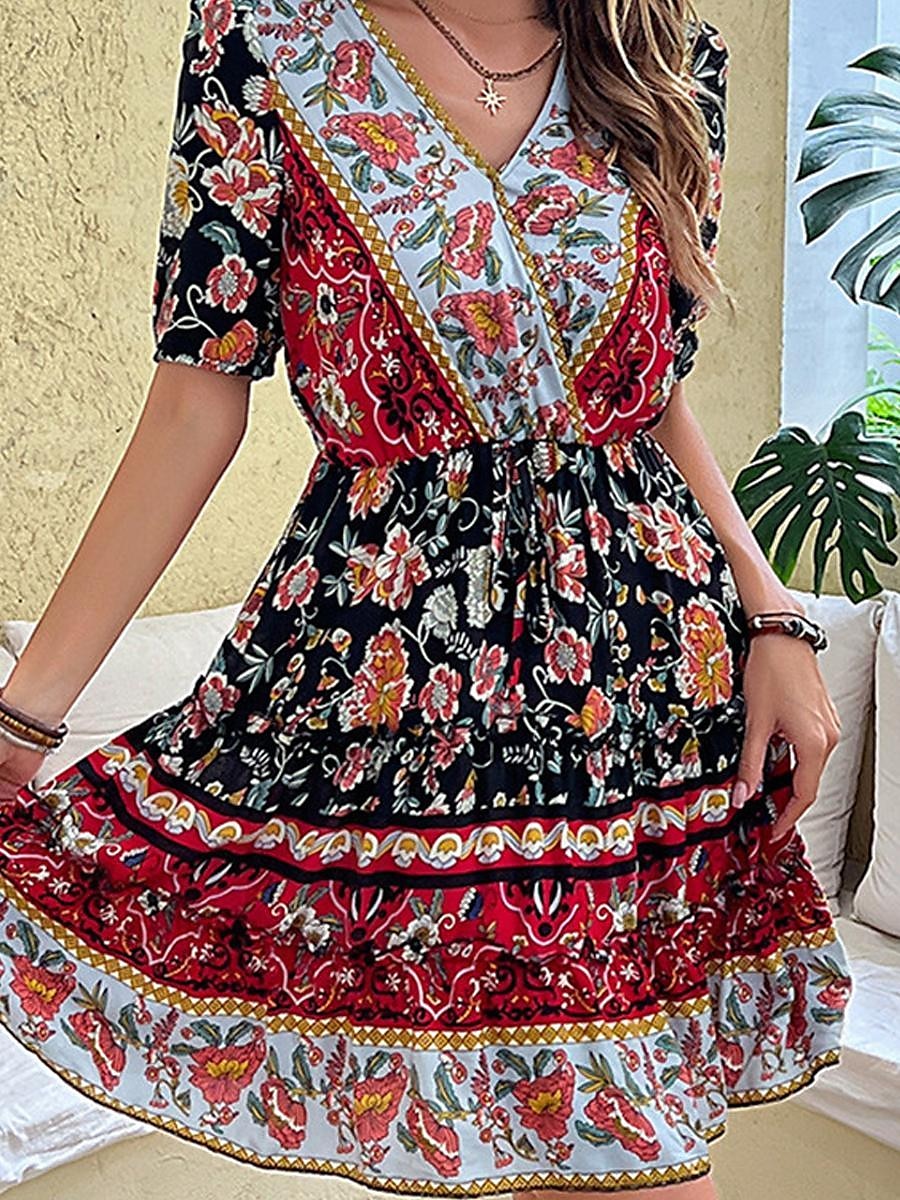 Femme Mini robe Robe casual Robe Trapèze Robe d'été robe boheme mode Ethnique Décontractées Vacances du quotidien Rendez-vous Standard Floral Manche Courte Col V Noir Rouge Bordeaux Vert Eté de 2025 ? $27.99 –P11