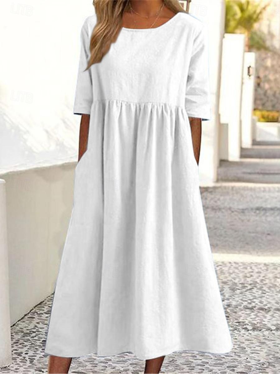 Femmes Blanche bleu marine Bleu Été Printemps Robe Midi Robes inspirées du lin Robe Décontractée Robe en coton et lin Basique Moderne Quotidien Week-end Coupe Ample Uni Col de chemise de 2025 ? $22.99 –P1