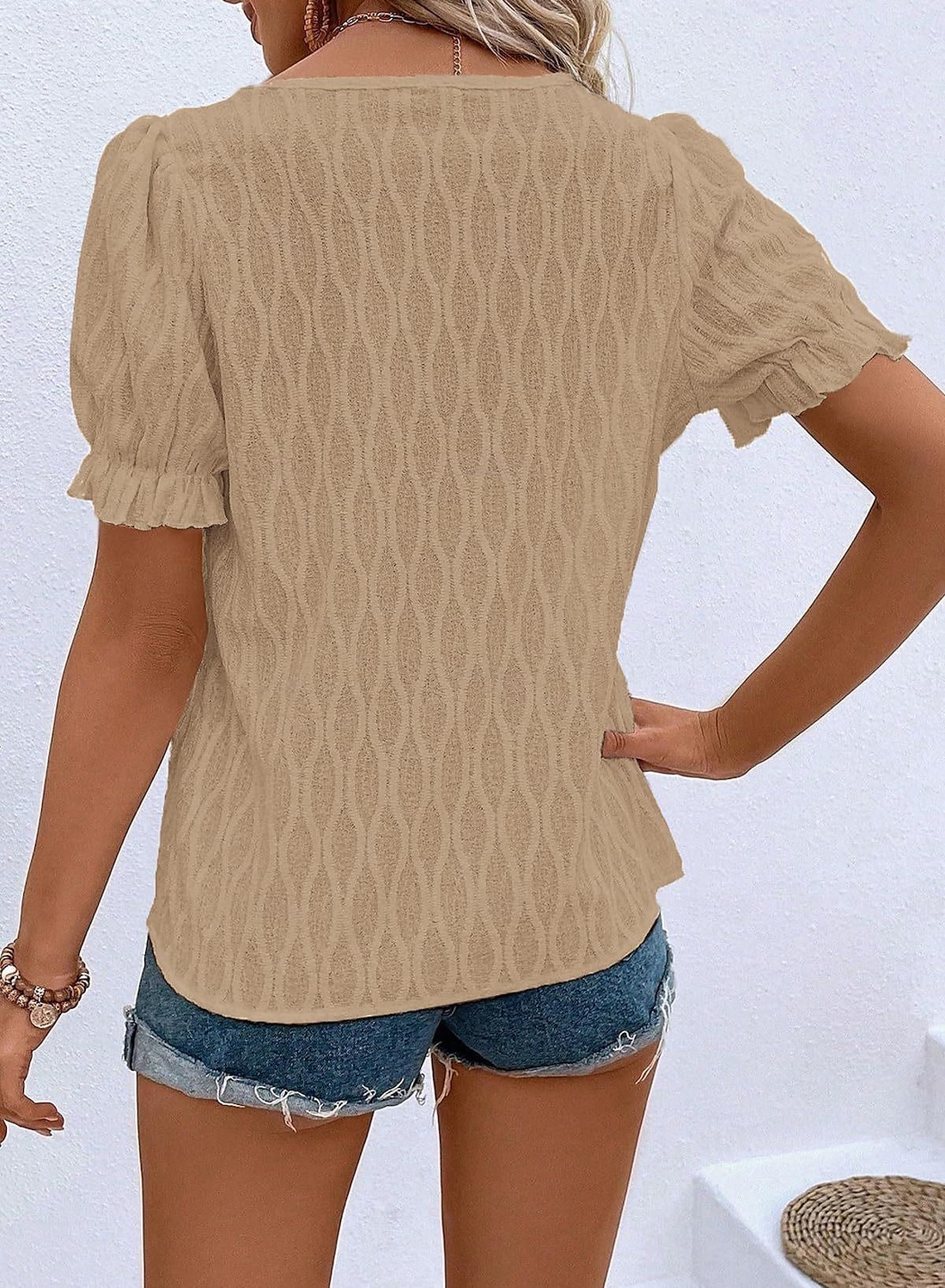 Women's White Elegant Lace Tops Eyelet Blouse Dressy Tops Plain Regular Tops Short Sleeve Puff Sleeve V Neck Lace Regular Fit Vacation Daily Romantic Petite Tops Summer Holiday Wear Blue Purple Khaki 2025 - $27.99 –P12