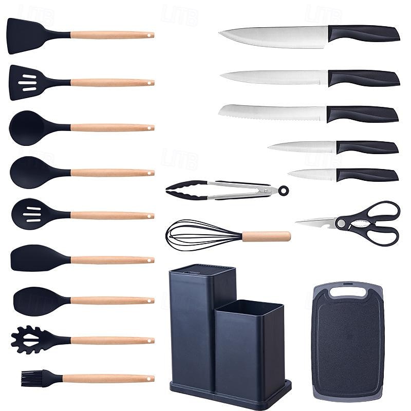 19 Pcs Kitchen Cooking Utensils and Knife Set with Block, Include 11 Pcs Silicone Cooking Utensils Set 5 Pieces Sharp Stainless Steel Chef Knives Scissors Whisk Tongs and Cutting Board 2024 - $25.99 –P3