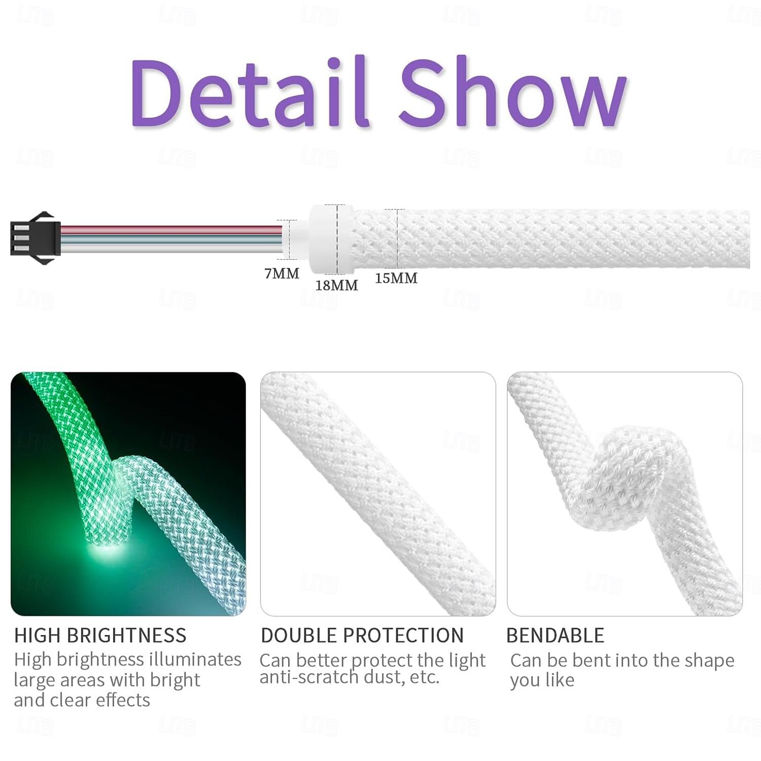 Waterproof Woven LED Strip Light WS2811 RGBIC Woven Silicone Neon Addressable Dream Color USB LED Light Strip with 15mm 360 Degree Illumination 2.4G Wireless Bluetooth Music APP Multi-channel Control Flexible Dreamy Color Rope Light 2025 - $24.99 –P4