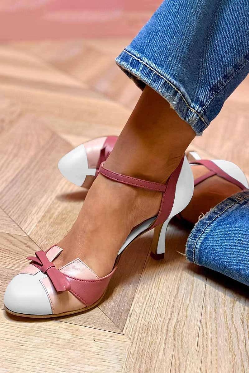 sapatos femininos vintage rosa e branco de salto alto com detalhes de laço - saltos retrô elegantes para casamentos, festas e ocasiões especiais de 2025 por $59.99 –P2