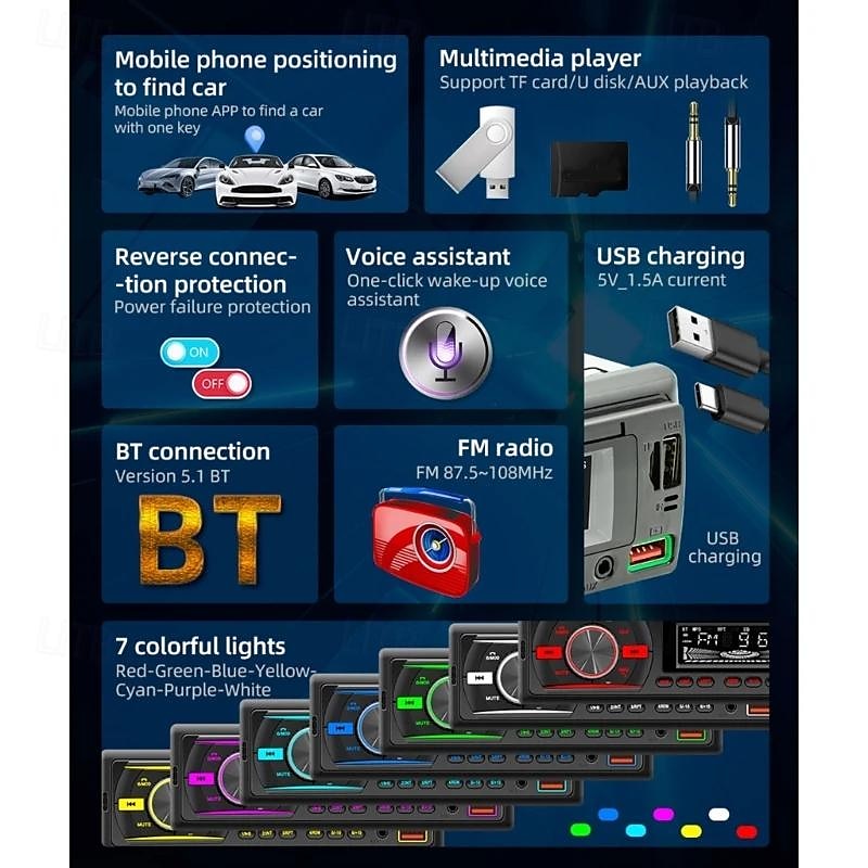 2025年 カーシステム シングル MP3 プレーヤー 内蔵 USB 1.5A 充電カード リーダー AUX FM ラジオ 音声アシスタント オートステレオ  コレクション – $35.99 –P4