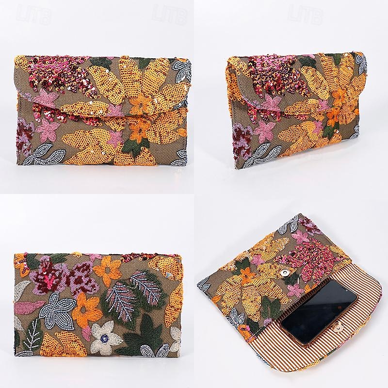 Dames Koppeling Strandtas Avondtasje Polstasje Polyesteri Liinavaatteet Feest Bruiloft Strand Pailletten Grote capaciteit Bloem Licht Blauw bordeaux Oranje kleur 2025 - $24.99 –P2