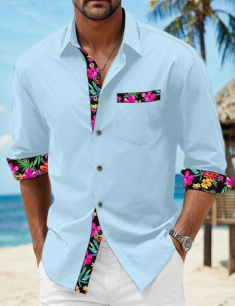 Voor heren Overhemd linnen overhemd Zomer overhemd Strand Kleding Overhemd met knopen Bloemig Vakantie Curise Zwart Wit Blozend Roze blauw Lange mouw Revers Lente & Herfst Kleding Splits 2025 - $26.99 –P5
