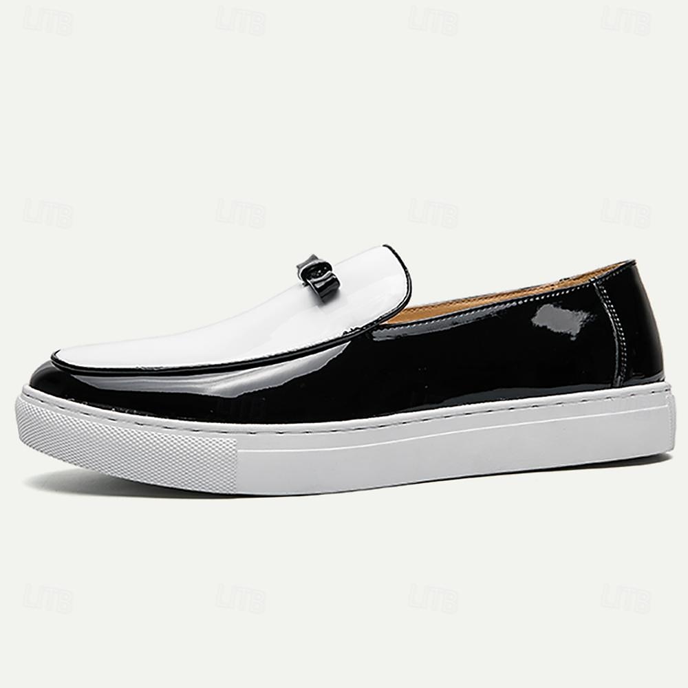 pánské černo-bílé lakované mokasíny z umělé kůže s mašlí – stylové slip-on společenské boty na formální události a večírky 2025 - $54.99 –P1